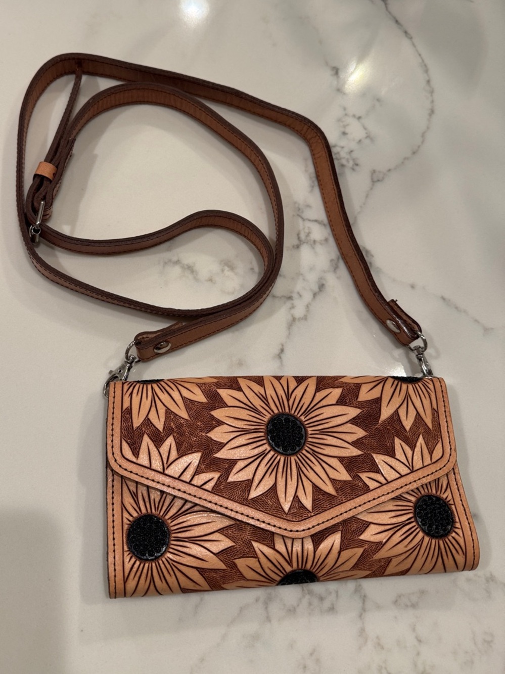 Brown Floral Genuine Leather Crossbody Bag - Picture 1 of 5
